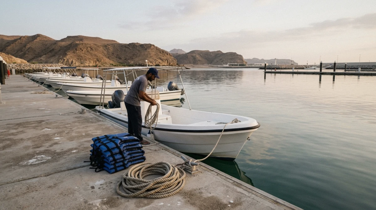 Snorkeling boats moored at a Muscat marina before a Daymaniyat Islands snorkeling trip in Oman