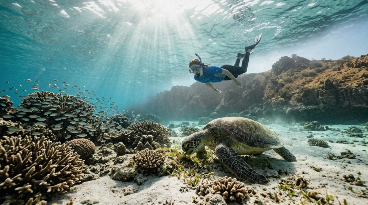 Green turtle grazing in shallow water below a snorkeler on a Daymaniyat Islands snorkeling trip in Oman